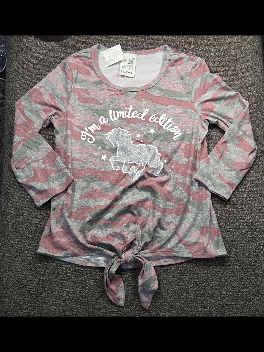 NWT Lily Bleu Pink Gray Camo Glitter Unicorn Tie-Front Long Sleeve Top SIZE 10